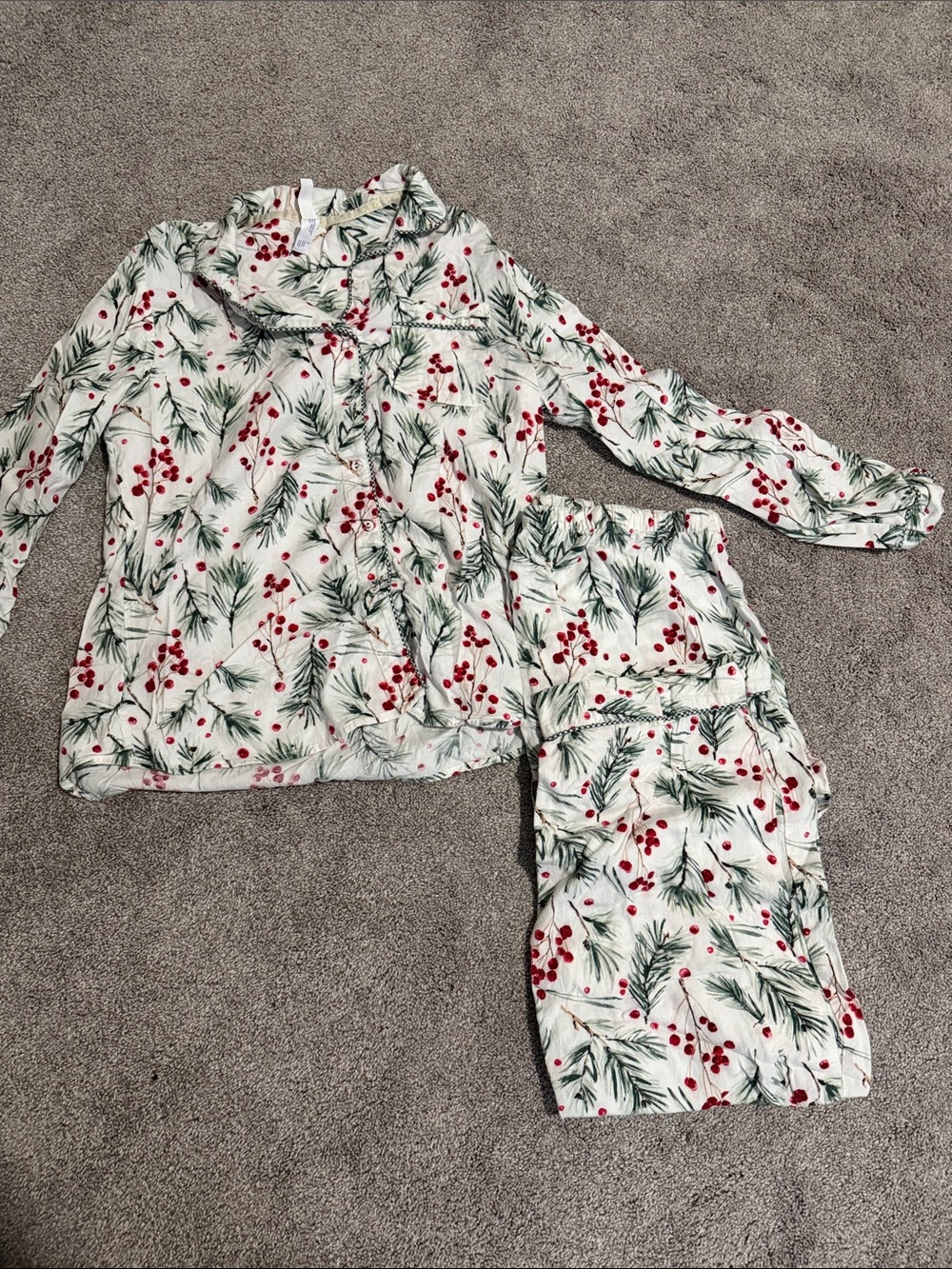 White Holiday Pajama Set with Green Pine and Red Berry Print